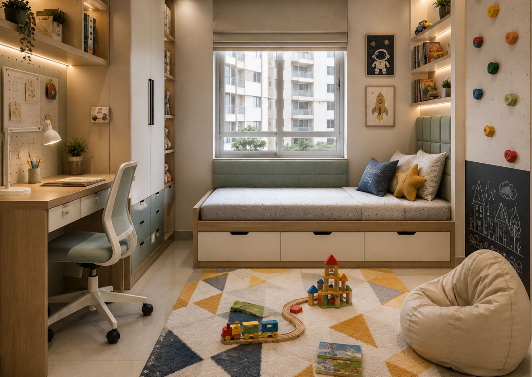 Modern pooja room interior design featuring a contemporary home temple with wooden wall unit, elegant lighting, and premium interiors by Jais Interio.