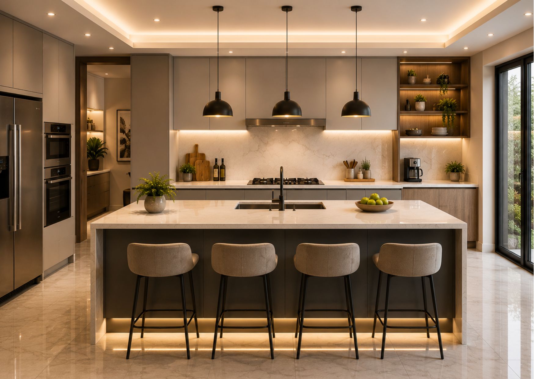 Modern pooja room interior design featuring a contemporary home temple with wooden wall unit, elegant lighting, and premium interiors by Jais Interio.