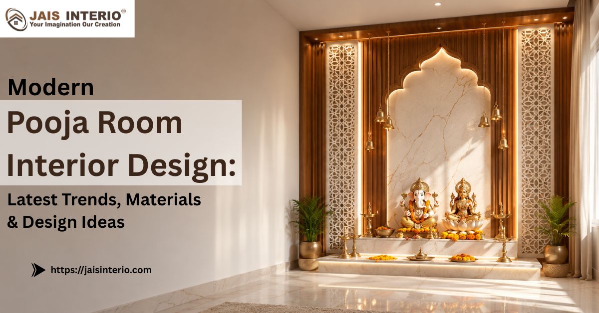 Modern pooja room interior design featuring a contemporary home temple with wooden wall unit, elegant lighting, and premium interiors by Jais Interio.