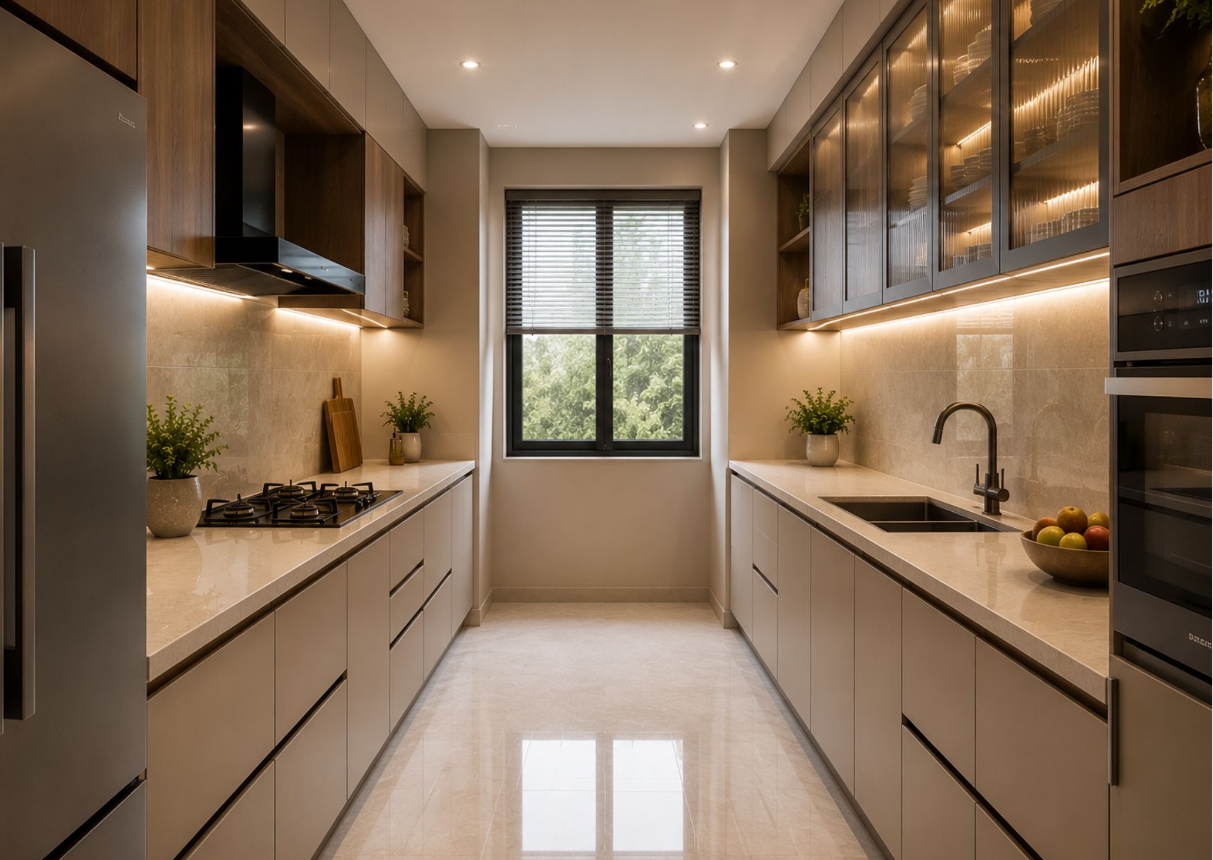 Modern pooja room interior design featuring a contemporary home temple with wooden wall unit, elegant lighting, and premium interiors by Jais Interio.