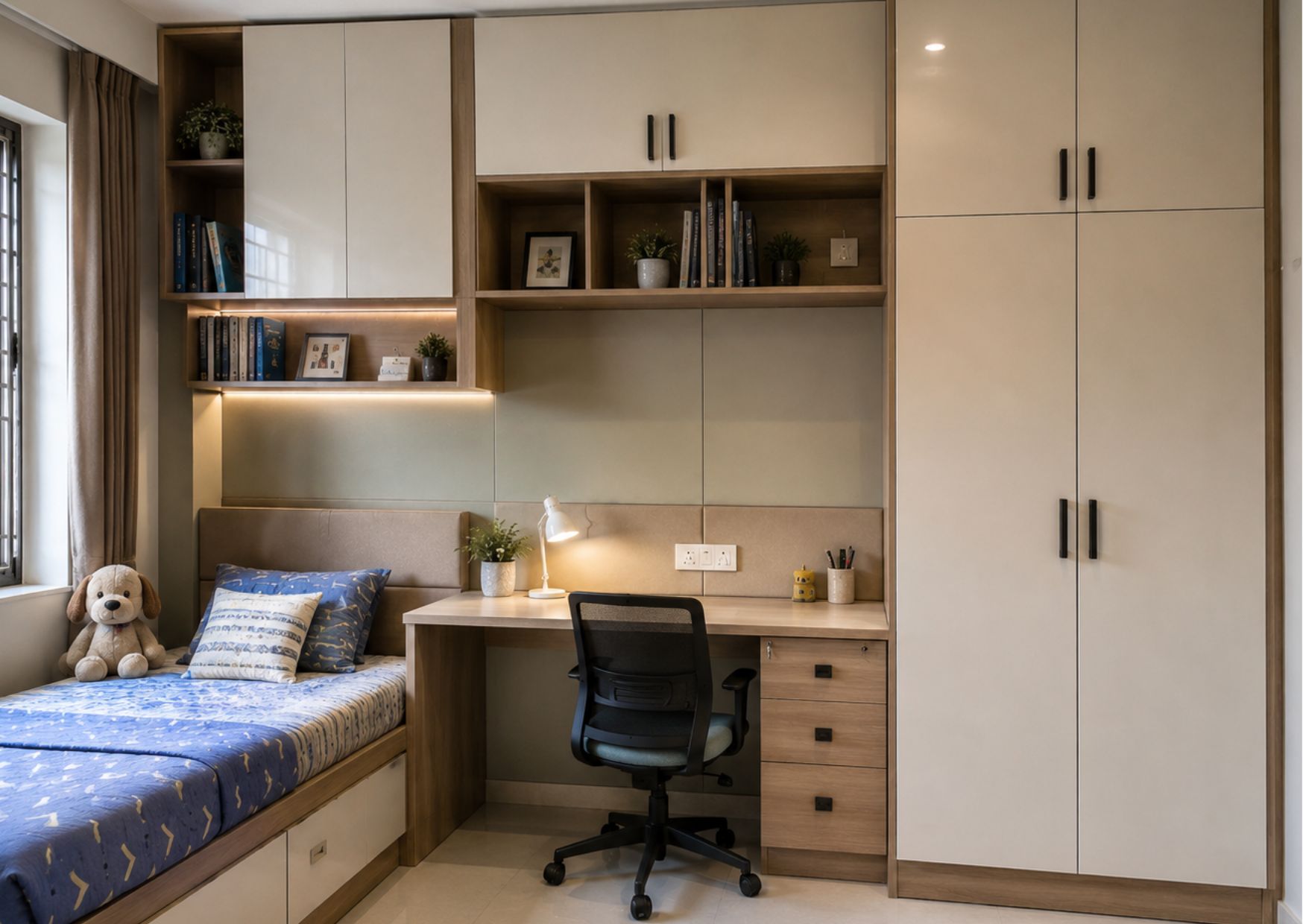 Modern pooja room interior design featuring a contemporary home temple with wooden wall unit, elegant lighting, and premium interiors by Jais Interio.