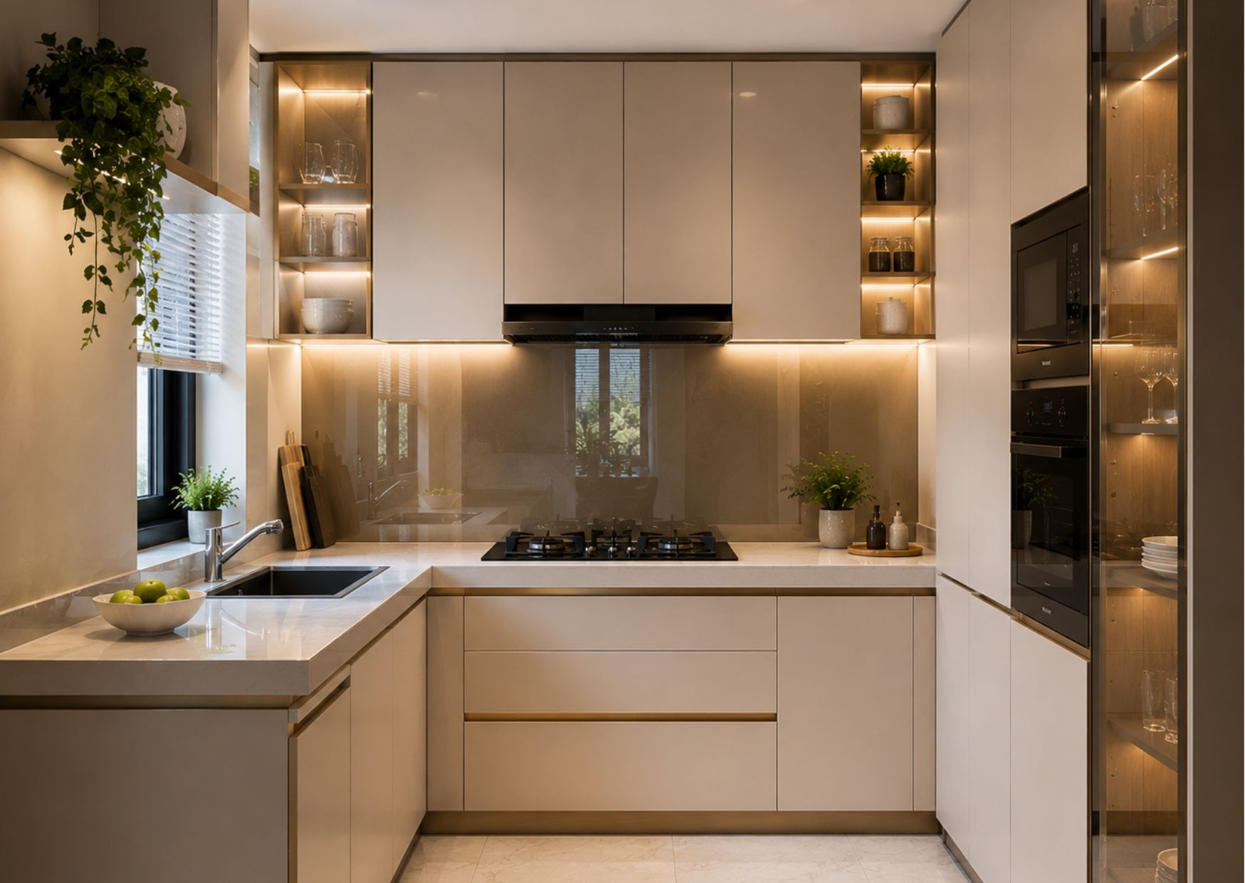 Modern pooja room interior design featuring a contemporary home temple with wooden wall unit, elegant lighting, and premium interiors by Jais Interio.