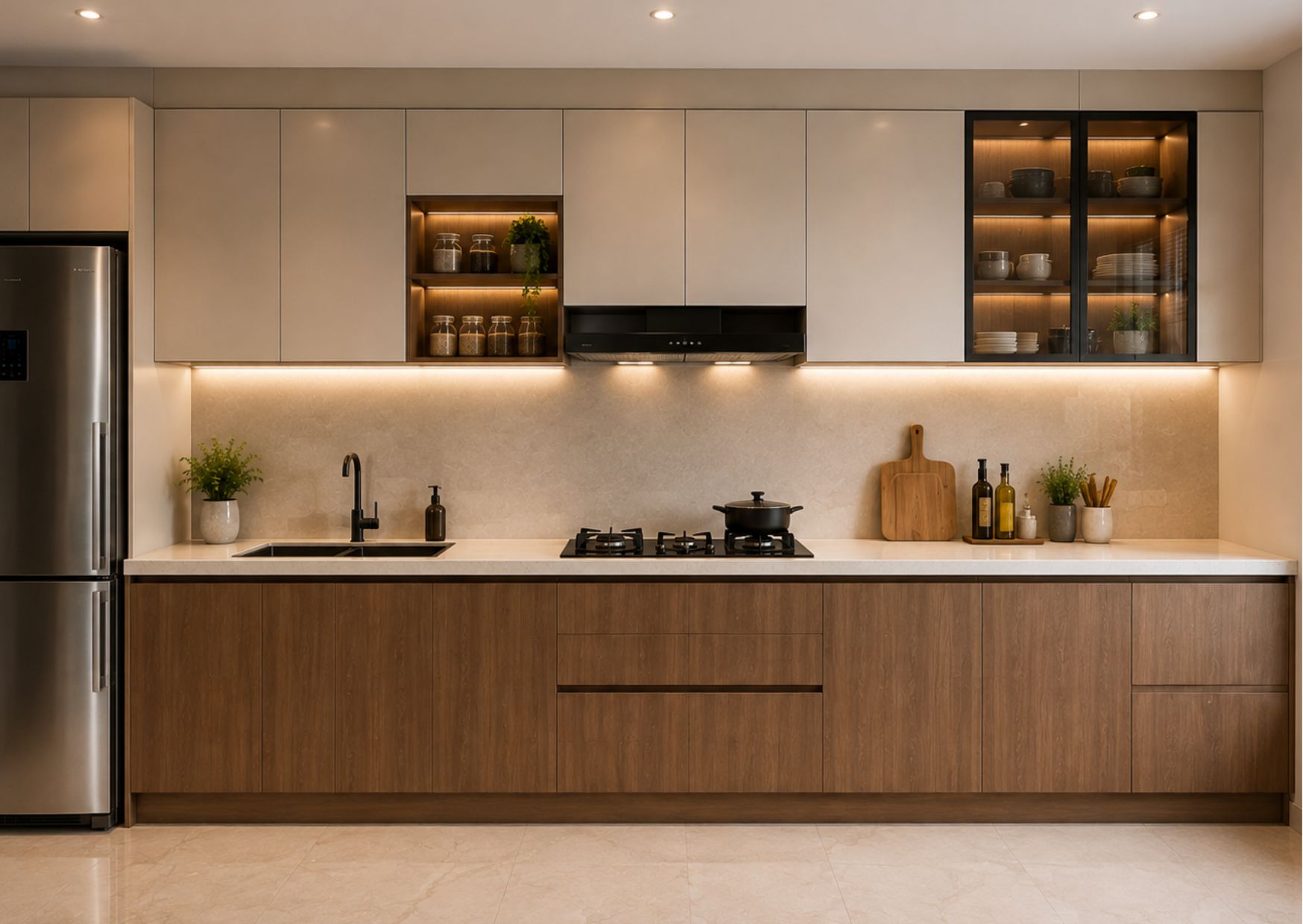 Modern pooja room interior design featuring a contemporary home temple with wooden wall unit, elegant lighting, and premium interiors by Jais Interio.