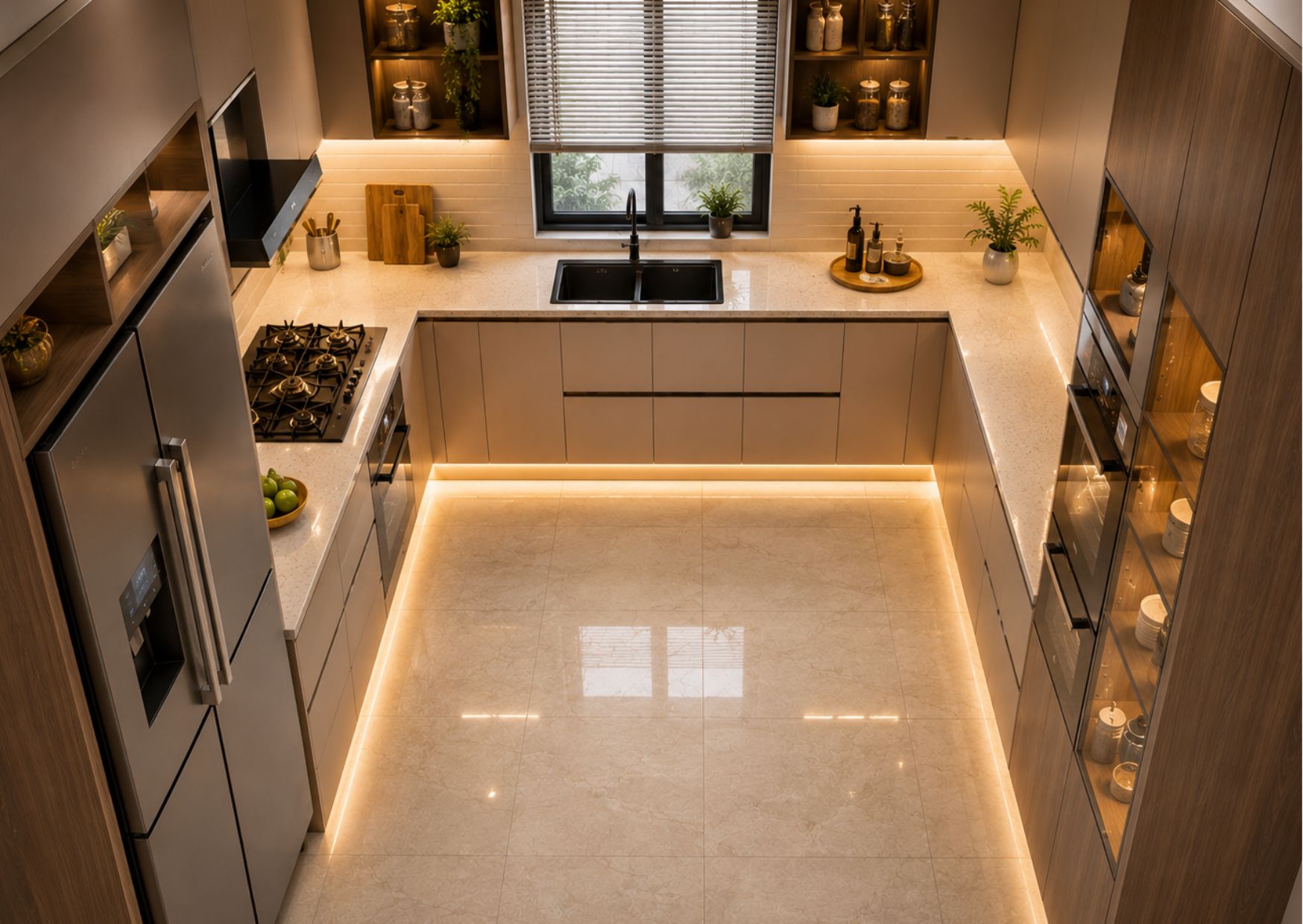 Modern pooja room interior design featuring a contemporary home temple with wooden wall unit, elegant lighting, and premium interiors by Jais Interio.