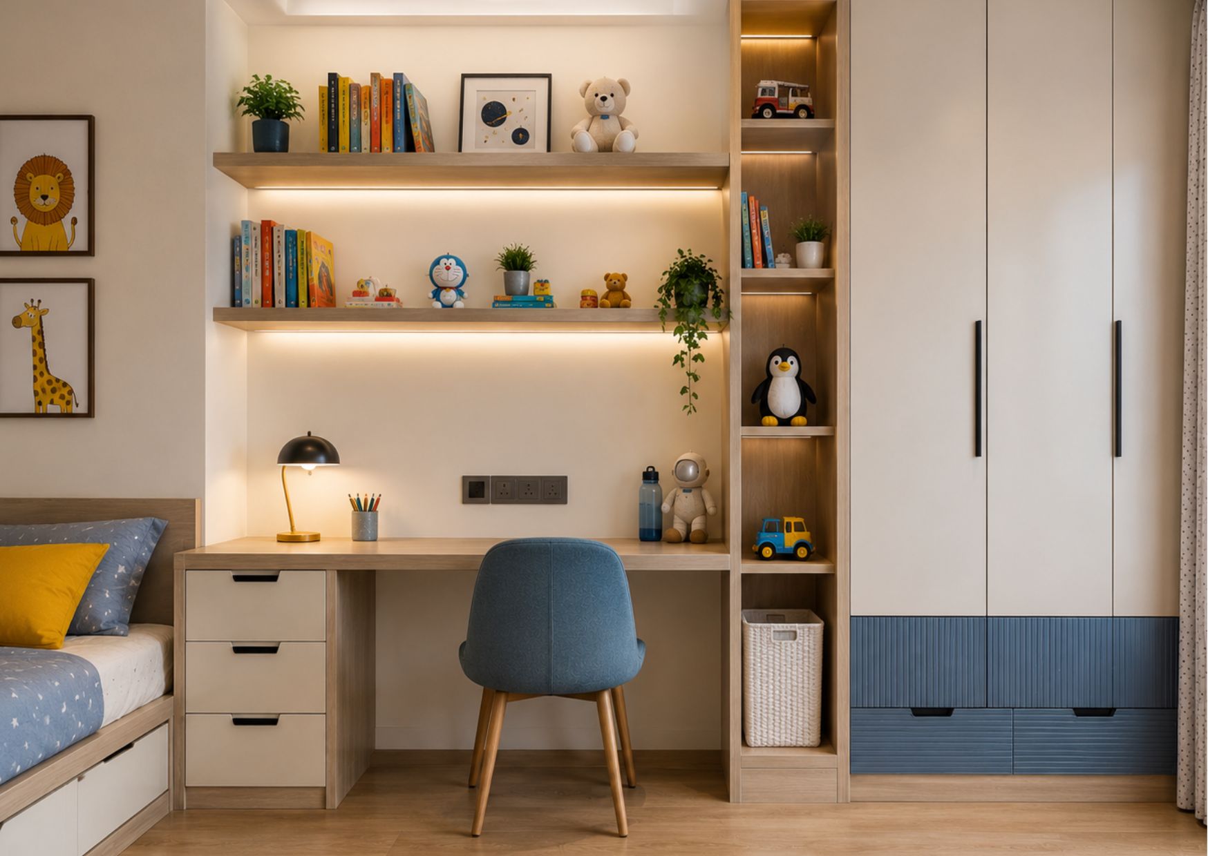 Modern pooja room interior design featuring a contemporary home temple with wooden wall unit, elegant lighting, and premium interiors by Jais Interio.